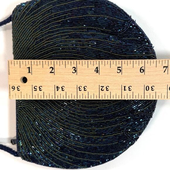 Vintage 90s Beaded Peacock Purse Blue Gold Crossbody Evening Bag - Picture 7 of 10